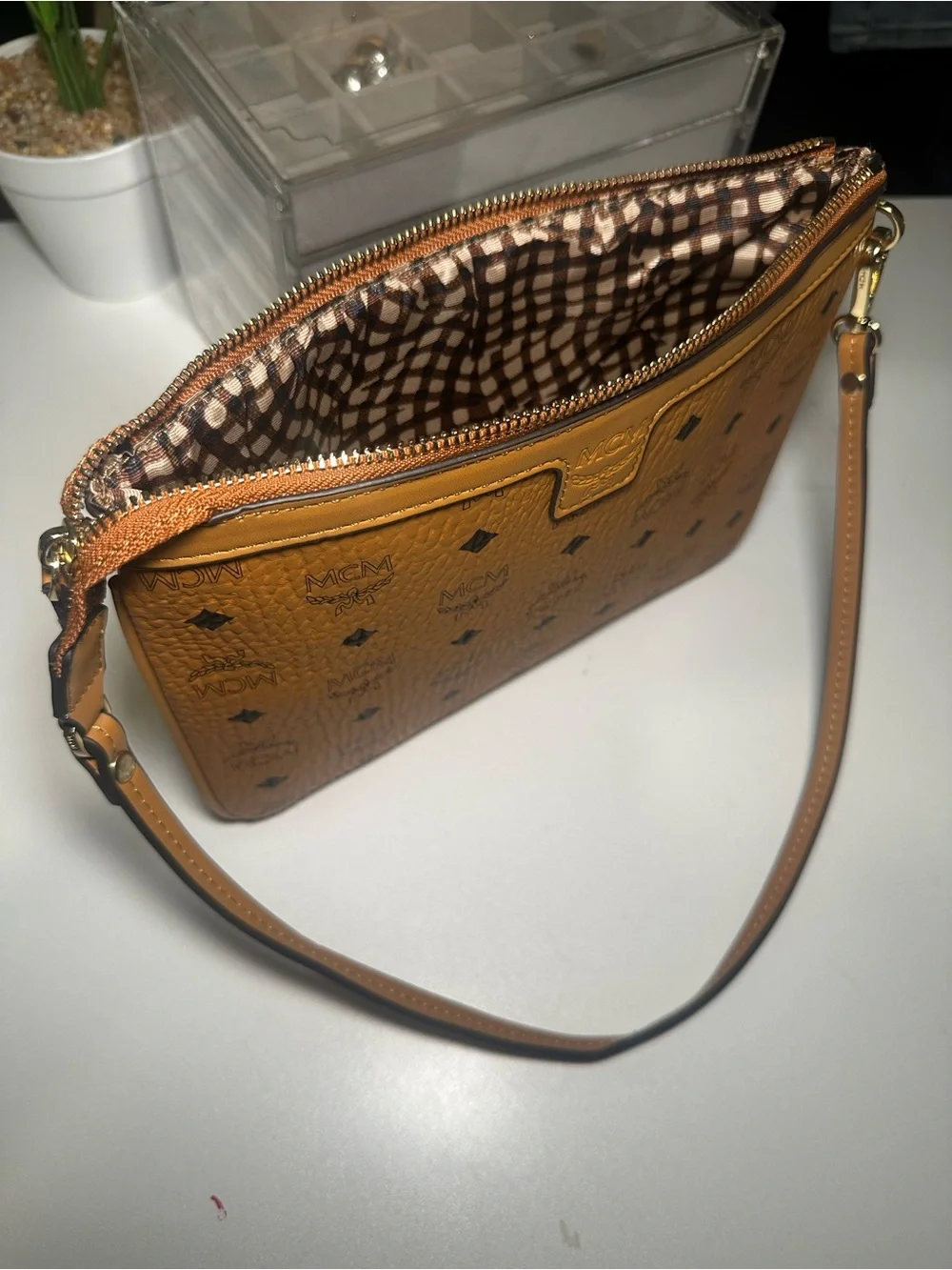 MCM Tan Visetos Logo Crossbody Bag with Black Accents